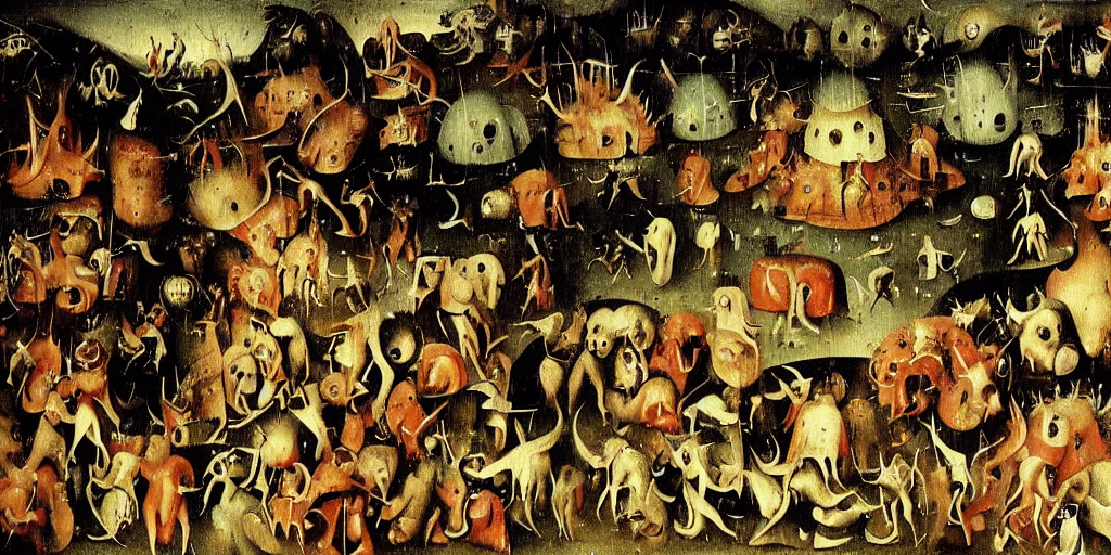 prompthunt: A scene from hell, Hieronymus Bosch painting style.