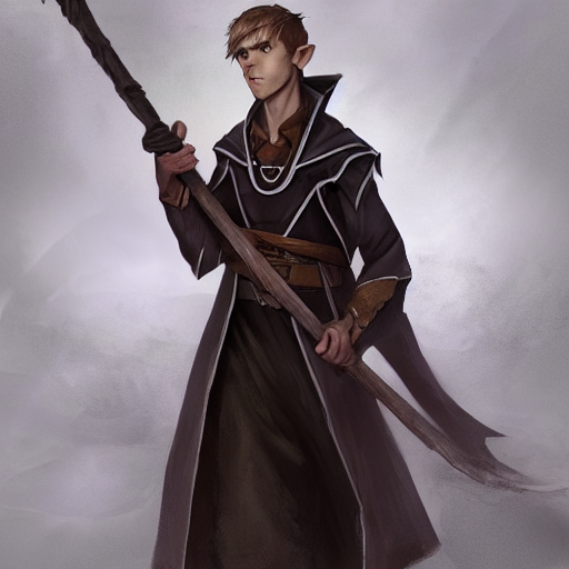 A young male wizard with short dark hair wearing a brown coat with a dnd 5e  artstyle