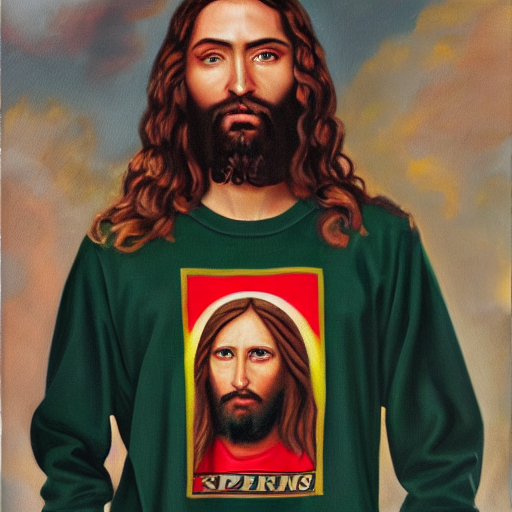 prompthunt: an oil painting showing jesus wearing a supreme t - shirt  underneath a gucci hoddie, 4 k, highly detailed