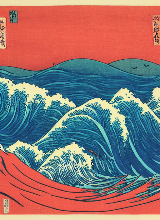 prompthunt: a painting of waves in the ocean with mountains in the  background, a woodcut by utagawa hiroshige ii, pixiv, ukiyo - e, ukiyo - e,  vaporwave, woodcut