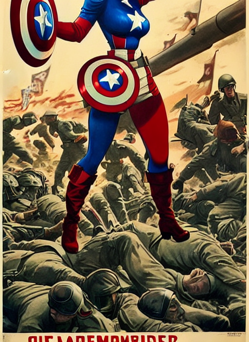 prompthunt: beautiful female captain america standing on a pile of  defeated, beaten and broken german soldiers. feminist captain america wins  wwii. american wwii propaganda poster by james gurney and pixar. gorgeous  face.