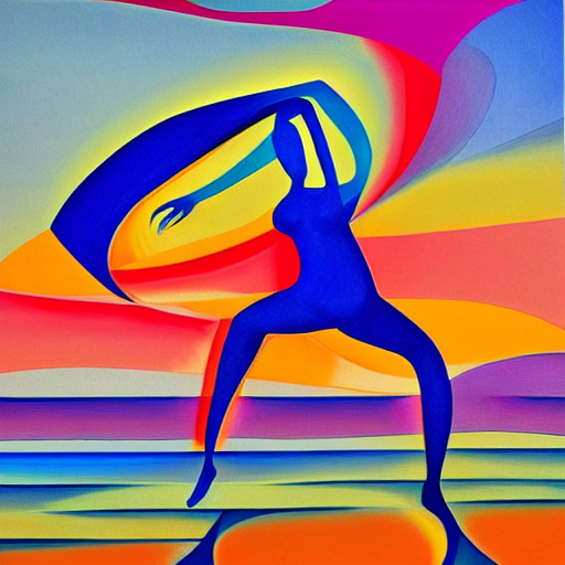 woman woman dances by the ocean with her sisters at sunset , abstract art in the style of cubism and georgia o’keefe ,