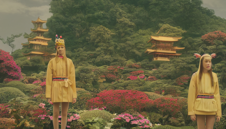 prompthunt: movie still by wes anderson of a beautiful girl wearing gucci  exploring a magical japanese garden of flowers, glowing temple in the  distance, floating magical deity heads with gucci headdresses, miniature