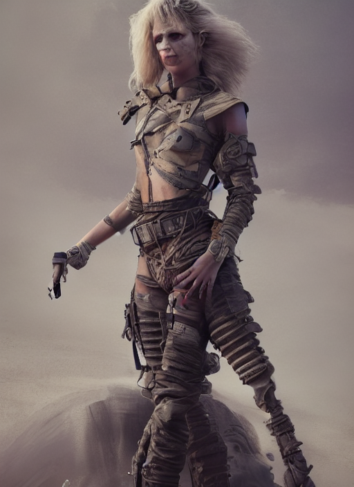 prompthunt: full body concept art illustration pastel painting of a female mad  max in intricate clothing, beautiful face, ultra detailed, octane render,  8K, dystopian, micro details