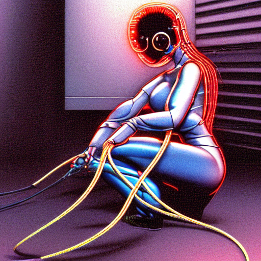 prompthunt: a detailed airbrush cyberpunk illustration of a female android  seated on the floor in a tech labor, seen from the side with her body open  showing cables and wires coming out,