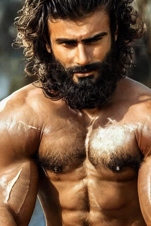 beautiful gigachad with slick brown beard, wavy hair, huge glistening muscles, many scars, wearing golden armour. bollywood action movie still.
