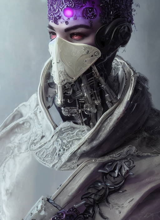 prompthunt: a handsome cyborg with a white techwear mask, purple garment  with art nouveau ivory accessories, dressed in black intricate lace and  jewels, ethereal, misty, cyberpunk, darksynth, luxury, concept art by zeen