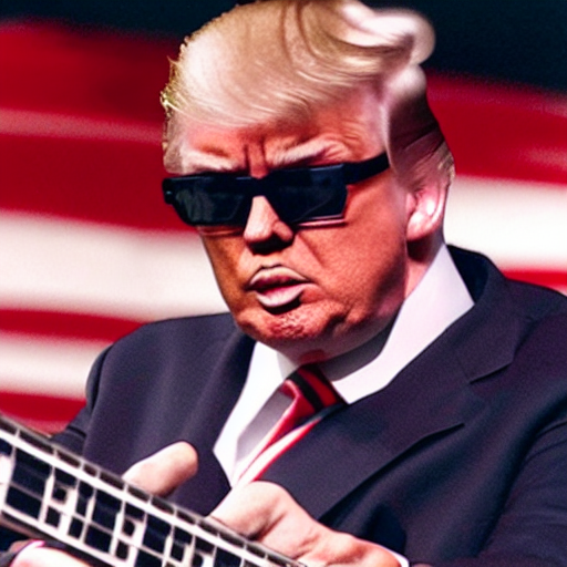 ‘closeup photo of Donald trump playing an electric guitar, hyperrealistic’
