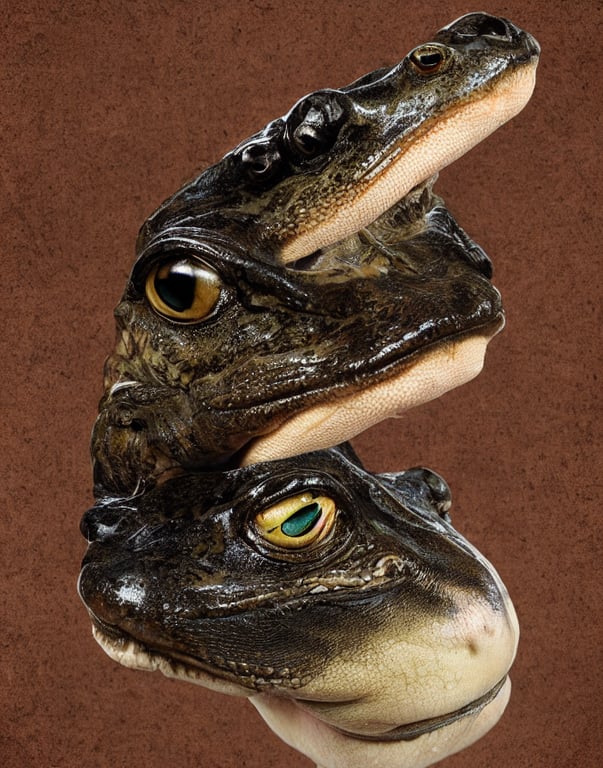 prompthunt: high resolution photo portrait of muscular animal human merged  head dolphin snake goat skin ears, background removed, scales skin frog dog  rat, alligator cat merged bird head cow, chicken face morphed