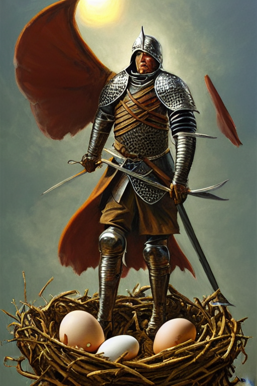 prompthunt: classic oil painting, a medieval fantasy knight standing on a  big empty bird nest, as a dnd character, surrounded by broken egg shells,  cottagecore, highly detailed, digital illustration, concept art, smooth,