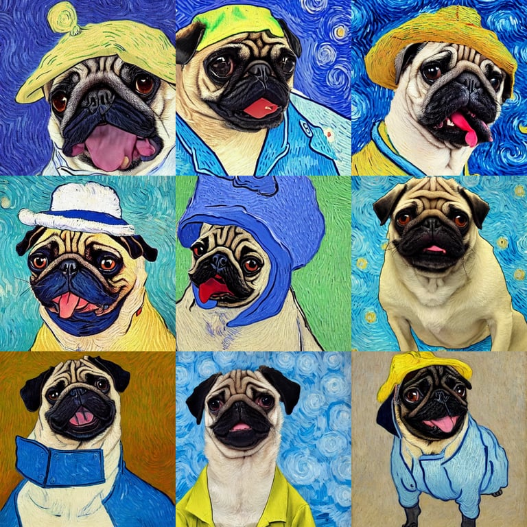 prompthunt: a confused pug sticking his tongue out, wearing a blue jacket,  a white shirt and a funny hat as a Van Gogh painting