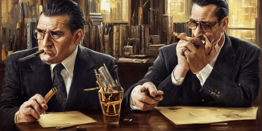 prompthunt beautiful oil matte portrait painting, mafia boss holding a