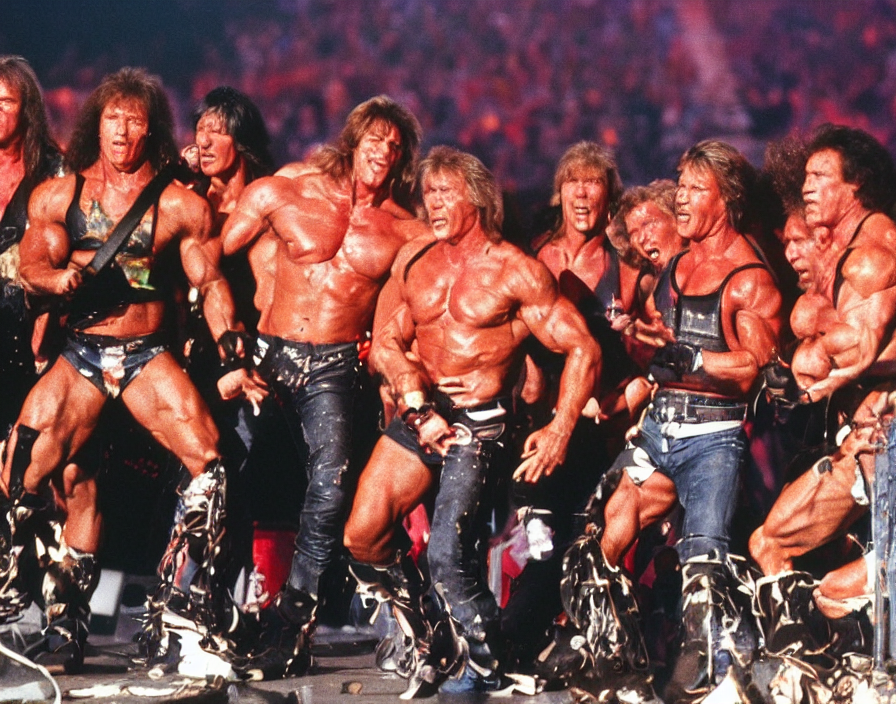 prompthunt: colour photo off arnold schwarzenegger, sylvester stallone,  dolph lundgren, Chuck Norris and Jean-Claude Van Damme in a heavy metal  band, playing guitars, drums, on stage at monsters of rock 1985,  pyrotechnics,