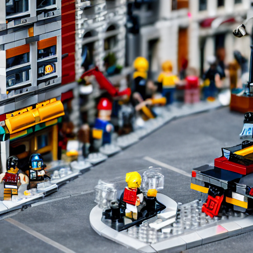 Bediende thuis verzonden prompthunt: mini lego war in the city, photorealistic, highly detailed,  sharp focus, vivid, symmetrical, random, convoluted, mind - blowing,  creative, fully functional, physics defying, amazing, cool, atmospheric
