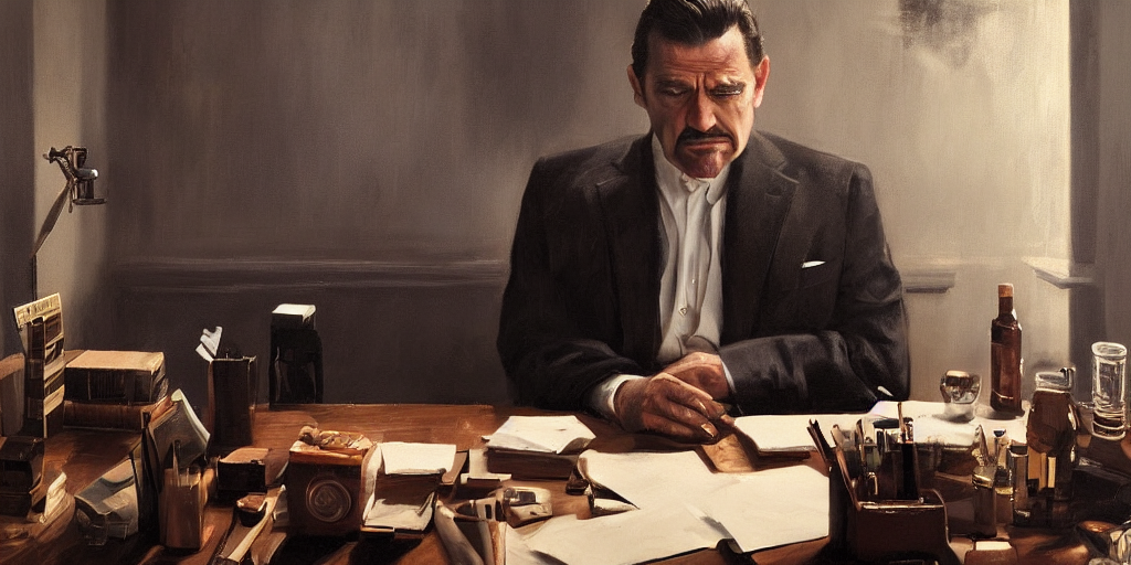 prompthunt: beautiful oil matte portrait painting, mafia boss holding a  cigar and drinking whiskey at his 5 0 s new york office desk, wonderful  masterpiece highly detailed, beautiful cinematic light deep focus,