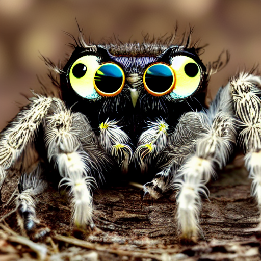 jumping spider mixed with owl, cute creature, hybrid, anamorphic lens, bokeh, kodak color film stock, macro shot