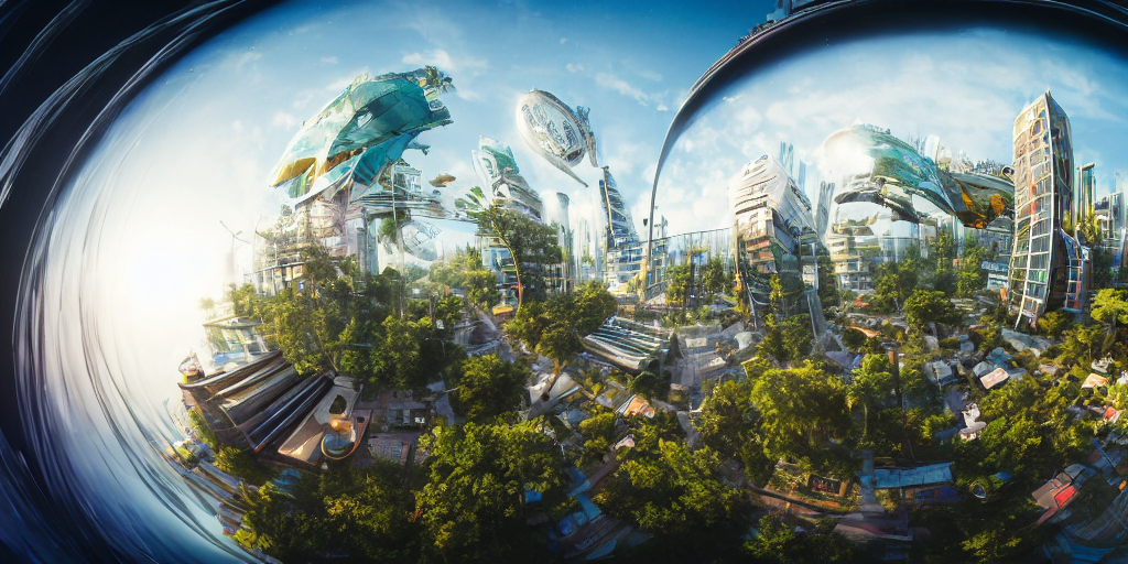 prompthunt: Bustling photorealistic!!! utopian city reimagined by Max Hay, inverted  fisheye lens!!!, eyelevel!!! view!!! photography, trending on artstation,  4k, 8k, lens distortion, chromatic aberration, soft focus blur,  photorealistic imagery ...