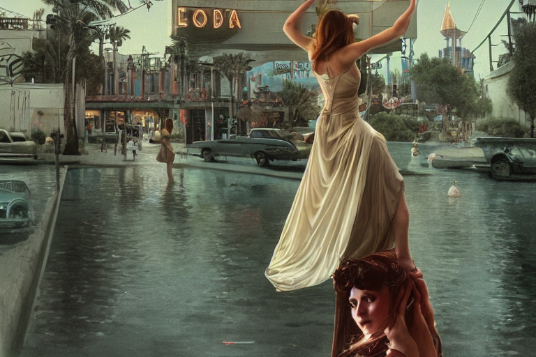 photography of gregory crewdson, 1 9 7 6 portrait of a woman floating in the air, background is a vegas street scene, deep focus, intricate, elegant, highly detailed, artstation, concept art, matte, sharp focus, art by artgerm and greg rutkowski and alphonse mucha