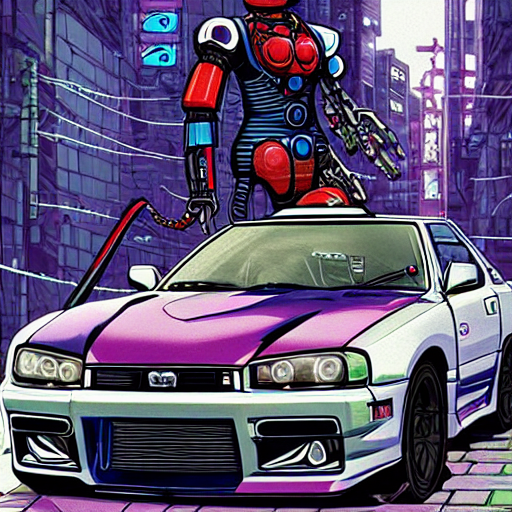 prompthunt: beautiful hyper-detailed full colour manga illustration of a  robot ninja warrior with a sword, driving through the city, in a modified  Nissan skyline r34, cyberpunk, dystopian