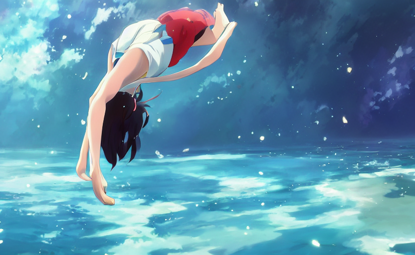 prompthunt An anime girl diving into a pool of water, anime scene by
