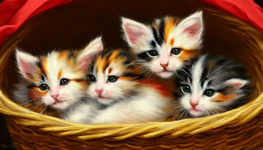 prompthunt: highly detailed painting of cute furry calico kittens cuddled  up in a basket by william turner, thick brush strokes and visible paint  layers, 4 k resolution, red and green colour scheme