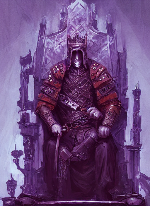 a portrait of an old medieval king on the throne, cyberpunk, dark purple color scheme, grim - lighting, high - contrast, intricate, elegant, highly detailed, digital painting, artstation, concept art, smooth, sharp focus, illustration