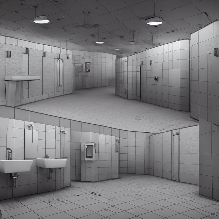 prompthunt: an infinite public restroom with many stalls and sinks