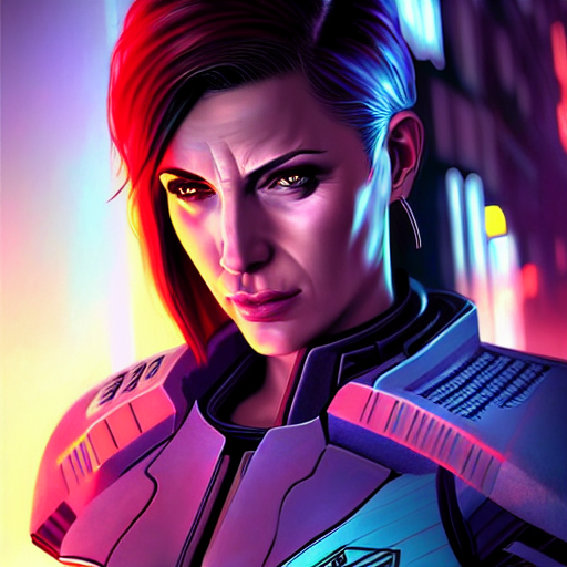epic portrait of femshep Mass Effect 1 character creator scars 1, Night City, cyberpunk 2077, neon megacity in the background, angry and bored, illustration, soft lighting, soft details, painting oil on canvas by mark arian by artgerm, trending on artstation, 4k, 8k, HD