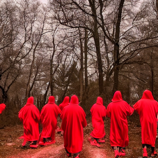 prompthunt A group of red robed cultist circling a bonfire at night