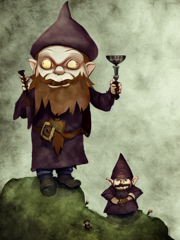 tiny evil alchemist gnome, brown tuffle coat, evil smile, flasks in hands, dnd, deforested forest background, grimdark, abstract, matte painting, by midjourney