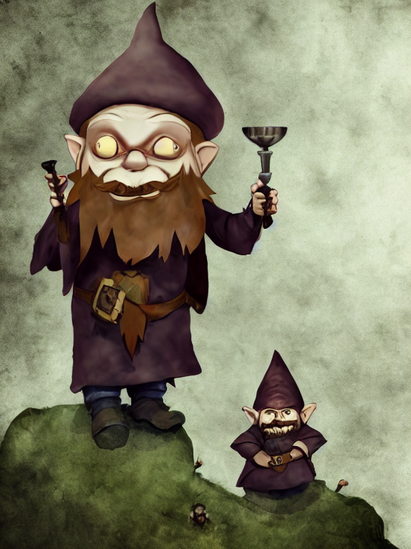 prompthunt tiny evil alchemist gnome, brown tuffle coat, evil smile