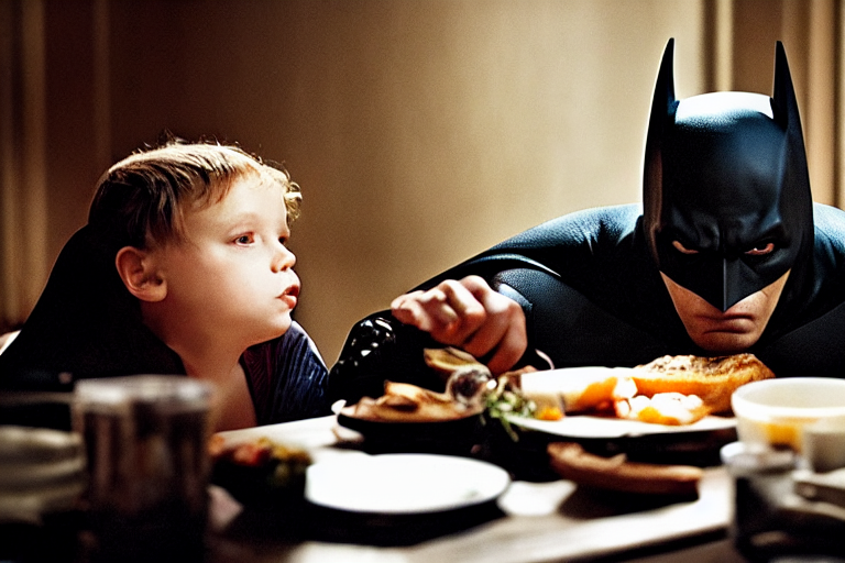 prompthunt: portrait of Batman eating breakfast By Emmanuel Lubezki
