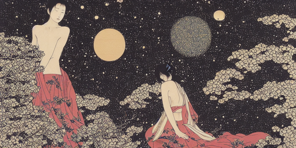 prompthunt: stunning river landscape with sky full of galaxies by takato  yamamoto