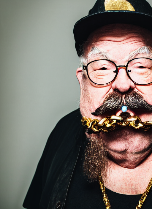 prompthunt: dslr portrait photo still of!!! wilfred brimley!!! white  mustache as a gangsta rapper with gold chains and gold teeth grills  growling at camera, 8 k, 8 5 mm f 1. 8