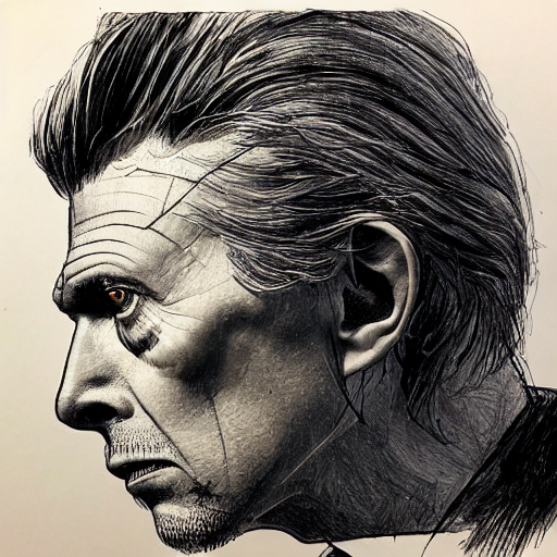 prompthunt: a realistic yet scraggly portrait sketch of the side profile of  a stern and sophisticated david bowie, trending on artstation, intricate  details, in the style of frank auerbach, in the style