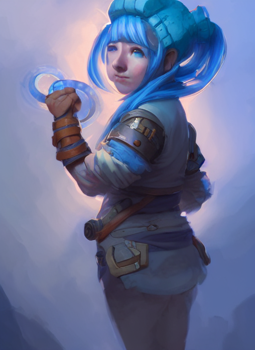 female gnome artificer with blue hair, young adult, tinkerer, dnd character portrait, illustration, perfectly shaded, atmospheric lighting, by wenjun lin an krenz cushart