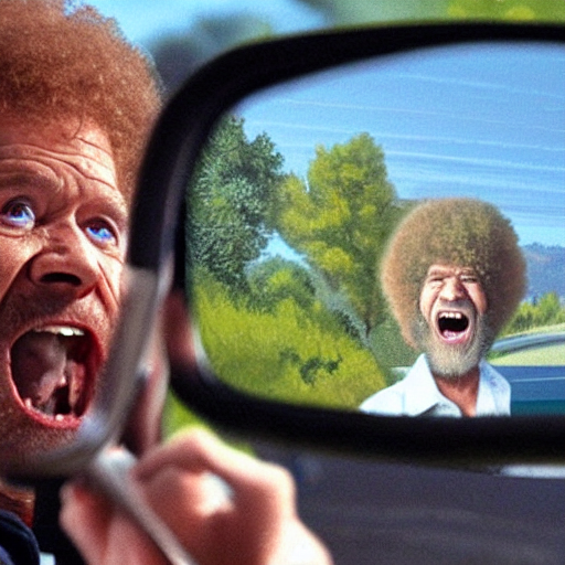 a screaming angry bob ross in rear view mirror