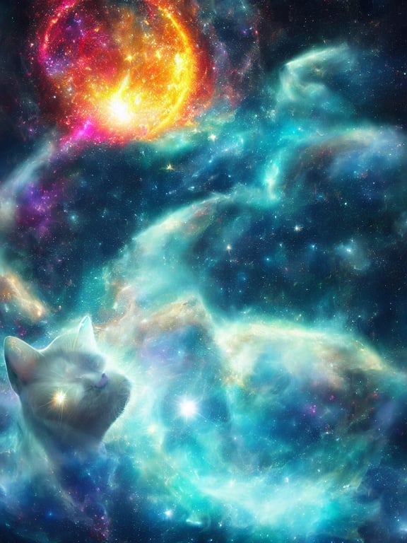 celestial epic vibrant cinematic fantasy space image of a sparkling ethereal oceanic silky cosmic universe, portrait of a galaxy cat face, celestial cosmos, nasa photos, artstation