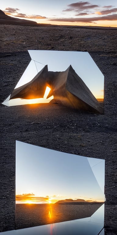 prompthunt: futuristic angular architect giant golum monster made from  deconstucted charcoal wood and mirrors, refracted, floating, portal,  iceland landscape photography sunset, by lurie belegurschi and gunnar freyr