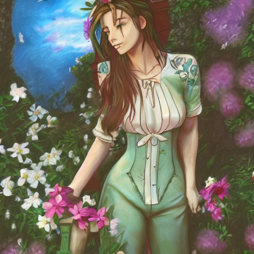 high quality art of aerith gainsborough with tattoos, in front of flowers in church, trending on artstation