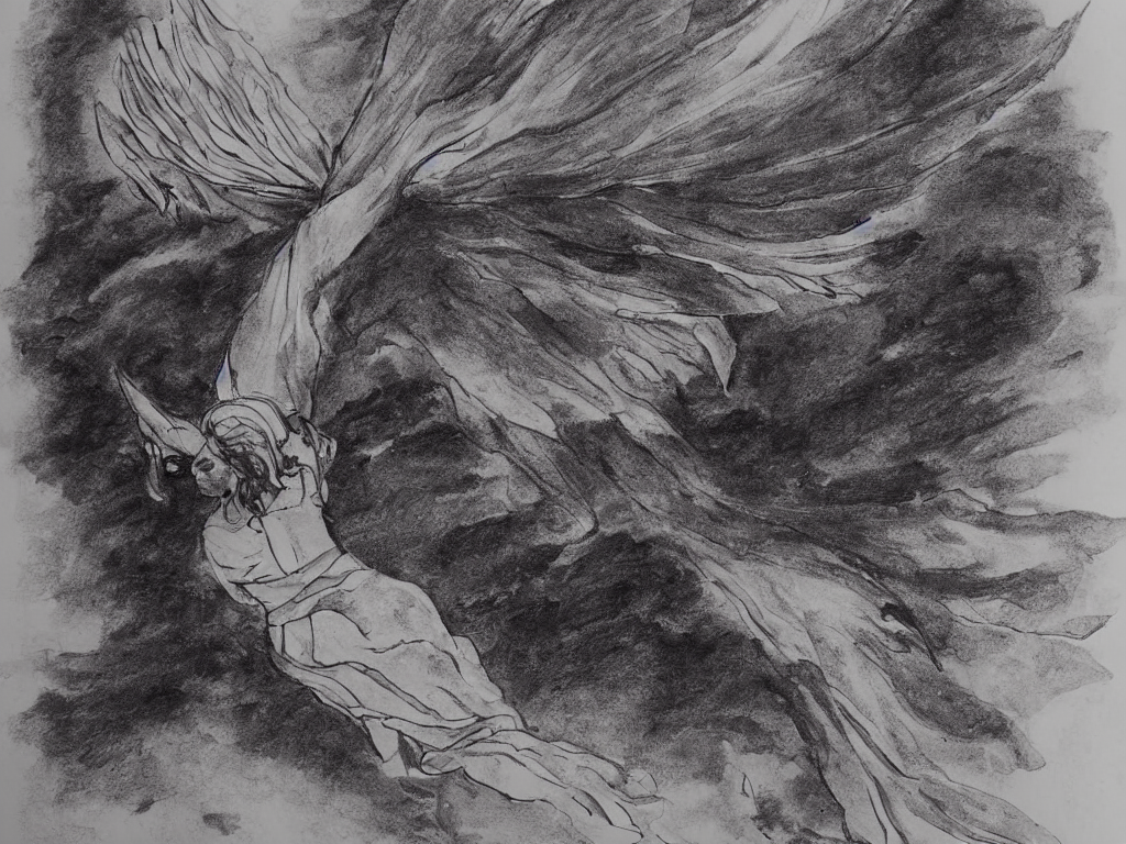 prompthunt: angel in the sky flying on the sea india ink drawing