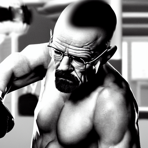 prompthunt: walter white getting knocked out while boxing, epic, insane  detail, photorealistic, black and white, intense, dramatic, flare lens