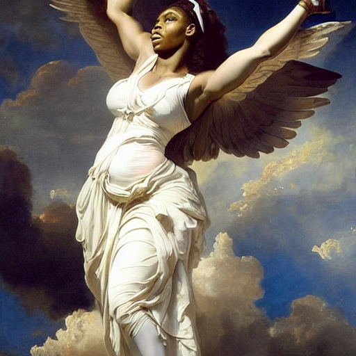 prompthunt: Portrait of Serena Williams as Nike Goddess, large wings,  luxuriant, dreamy, eternity, romantic, strong pose, highly detailed, in the  style of Franz Xaver Winterhalter, highly detailed, in the style of  Aetherpunk