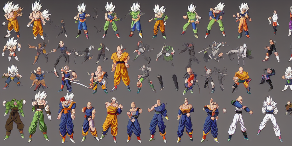 prompthunt: dragon ball character design, idle, colored, sprite sheet,  tekken, pc game, sideview, art by moebius and greg rutkowski.