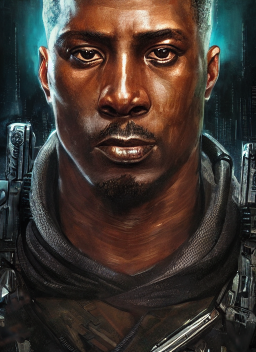Man with dark medium hair cyberpunk mercenary streetwear muscular soldier  fighter tactical face portrait