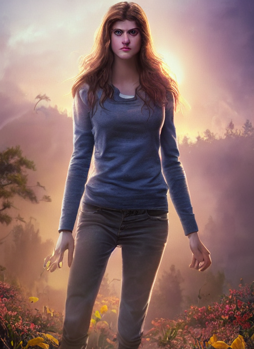 prompthunt: portrait of Alexandra Daddario as Annabeth Chase, magical,  forest, sunset, yellow mist, Percy Jackson, symmetrical face, large eyes,  pale, smiling, hyper realistic, digital art, octane render, trending on  artstation, artstationHD, artstationHQ,