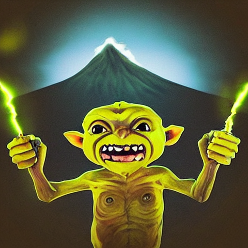 “a goblin with brown skin and glowing yellow eyes with a volcano in the background”