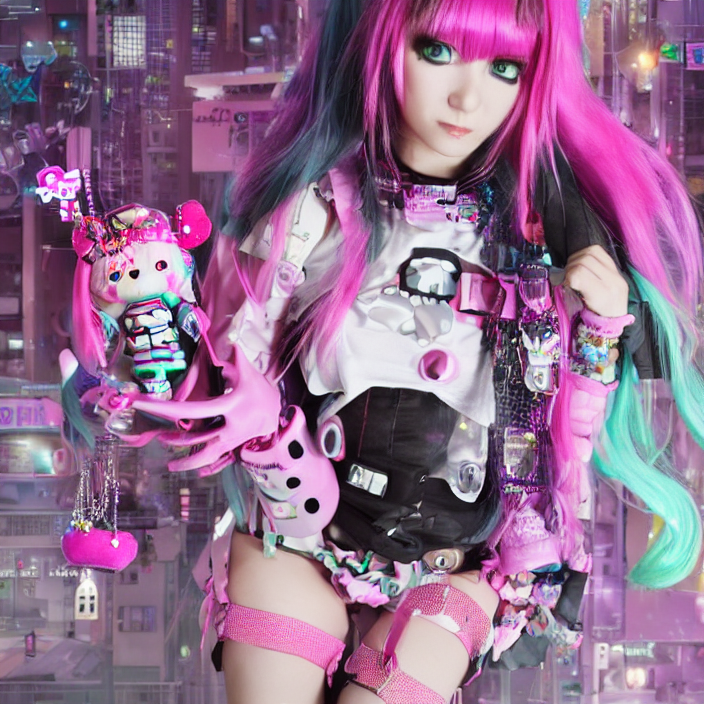 3 d render of a decora gyaru kawaii cybergoth emo girl, in a cyberpunk blade runner maximalist city of my melody sanrio plushies