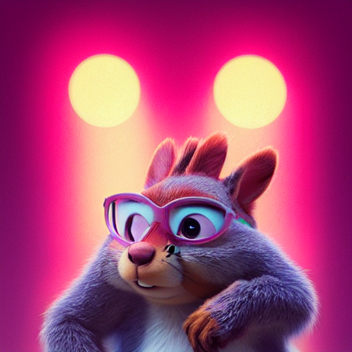 prompthunt squirrel, neon pink, palm trees, furry, cute, smug facial