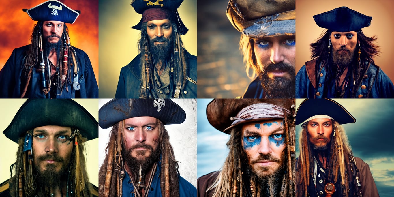 prompthunt: night time portrait photo of a pirate captain with blue eyes  and long brown bear and hair, faded worn blue coat and black hat, rugged  and dirty, movie shot, color graded,